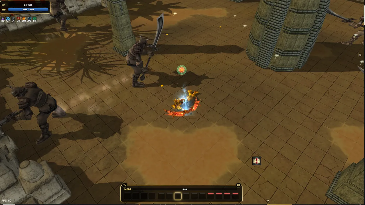 WYD remaster death and revive moment — a fallen Huntress on the ground with a revival scroll nearby as a Tauron enemy looms