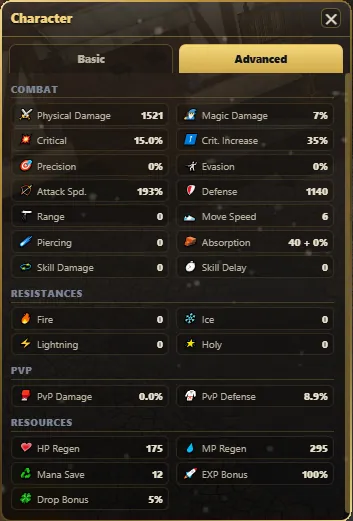 WYD remaster character sheet Advanced tab — physical and magic damage, critical, attack speed, defense, resistances and PvP stats