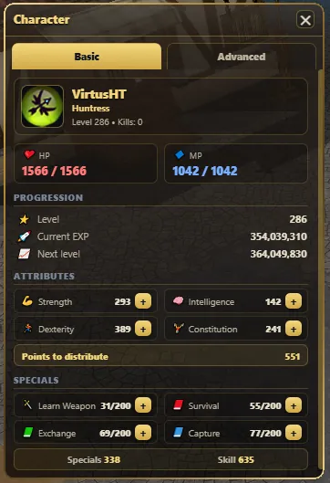 WYD remaster character sheet Basic tab — a level 286 Huntress with HP/MP, EXP progression and STR/INT/DEX/CON attributes