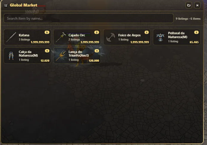 WYD remaster Global Market, a player-run auction house with a searchable grid of weapons and armor listed for gold