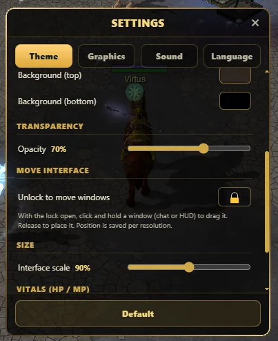 WYD remaster interface settings — HUD transparency, unlock-to-move draggable windows, and interface scale