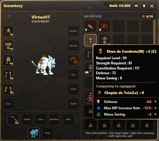 WYD remaster inventory with a 3D equipped Huntress, backpack grid, gold, and an item tooltip comparing stats to the equipped gear
