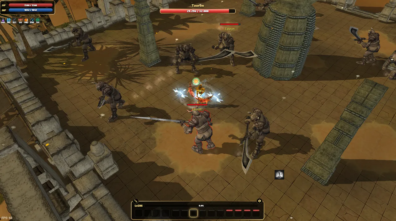 WYD remaster open-world combat — a Huntress casting a lightning skill surrounded by Tauron minotaur enemies in a desert temple, with a boss health bar and full HUD