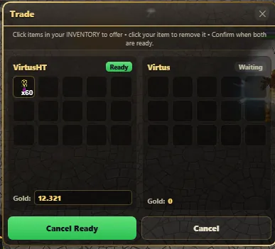 WYD remaster secure trade window between two players with Ready/Waiting status, offered items and gold
